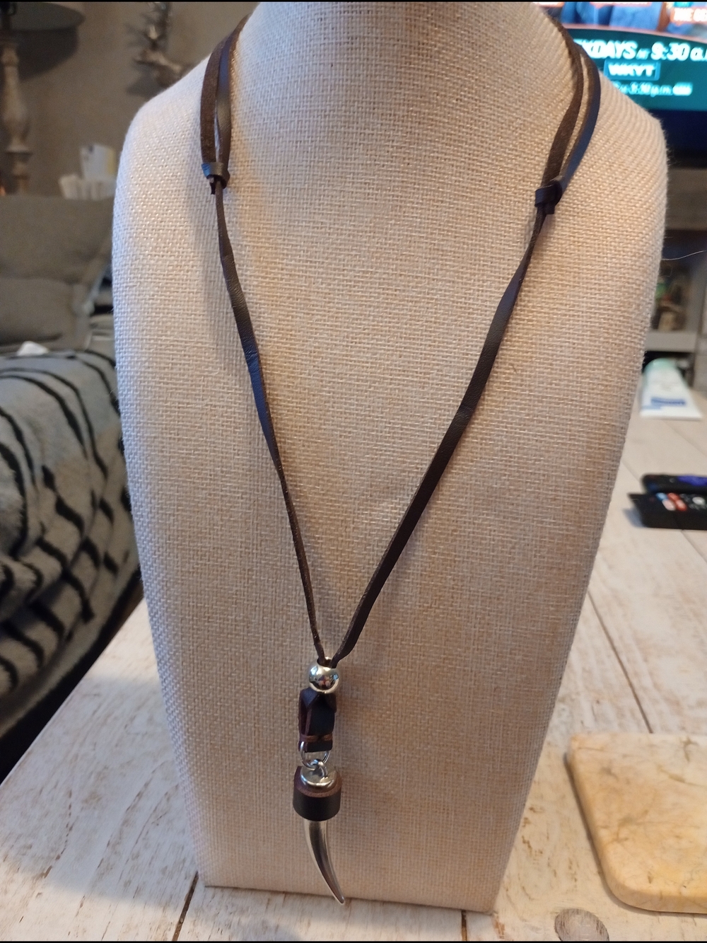 paparazzi Brown Leather Necklace with Silver Horn Pendant